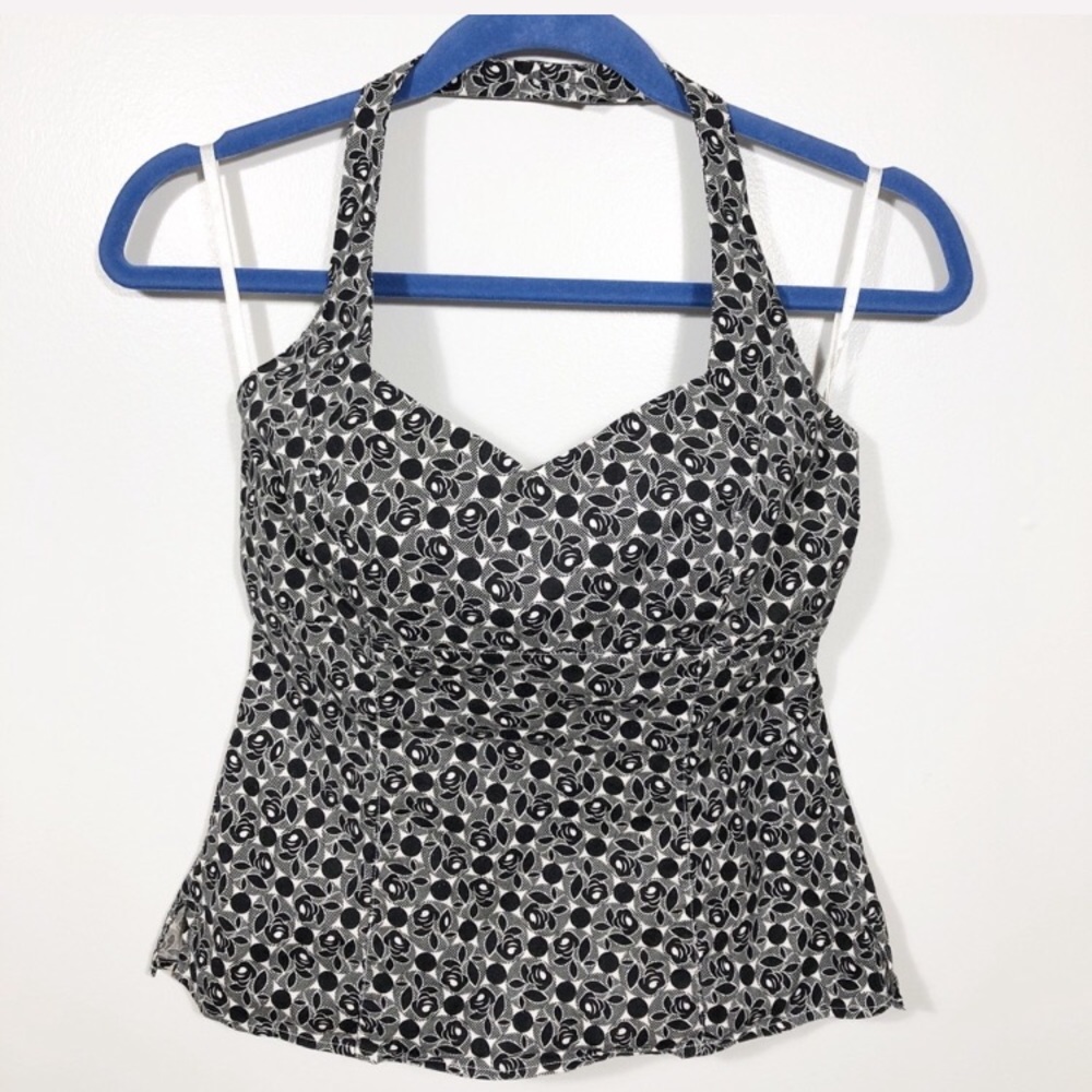 Ann Taylor LOFT Halter Top Black White Roses Sz XS